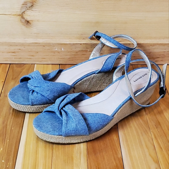 Lands'‎ End Blue Denim Espadrille Wedge Sandal Size 9 - Picture 1 of 12